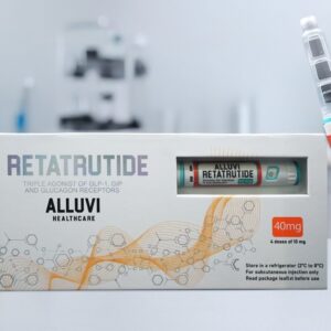 Retatrutide 40mg viALLUVI Retatrutide 40mg - Premium Research-Grade Peptide for Metabolic and Weight Loss Studies.al for research and laboratory use only, showcasing the innovative triple agonist mechanism (GLP-1, GIP, and glucagon).