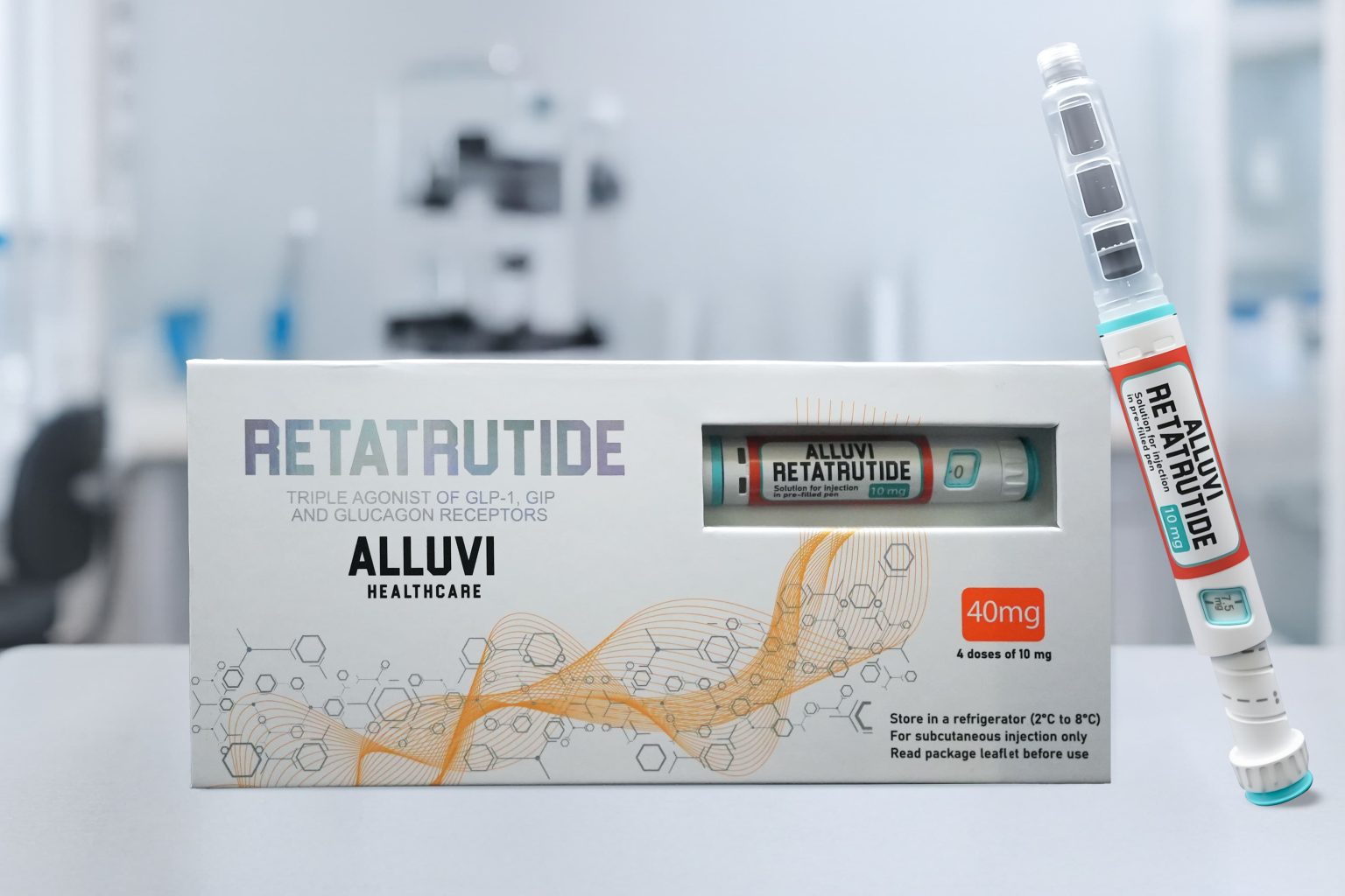 Retatrutide 40mg viALLUVI Retatrutide 40mg - Premium Research-Grade Peptide for Metabolic and Weight Loss Studies.al for research and laboratory use only, showcasing the innovative triple agonist mechanism (GLP-1, GIP, and glucagon).
